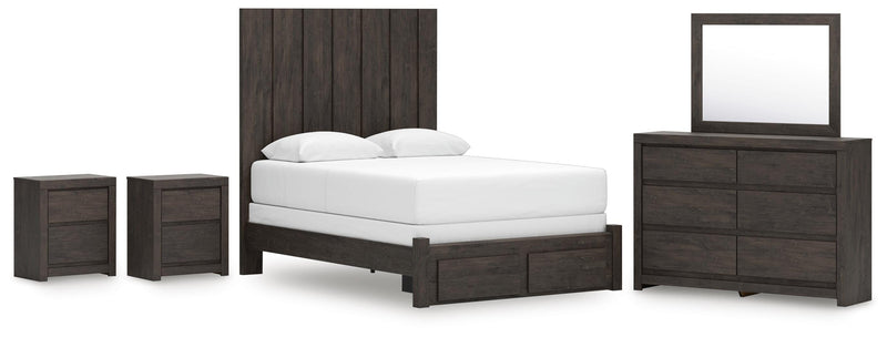 Fraluna Queen Panel Storage Bed, Dresser, Mirror and 2 Nightstands in Charcoal - PKG021671