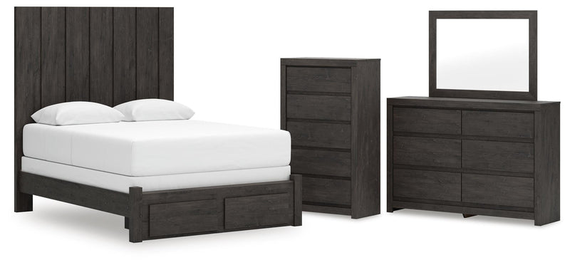 Fraluna Queen Panel Storage Bed, Dresser, Mirror and Chest in Charcoal - PKG021674