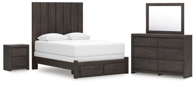 Fraluna Queen Panel Storage Bed, Dresser, Mirror and Nightstand in Charcoal - PKG021673