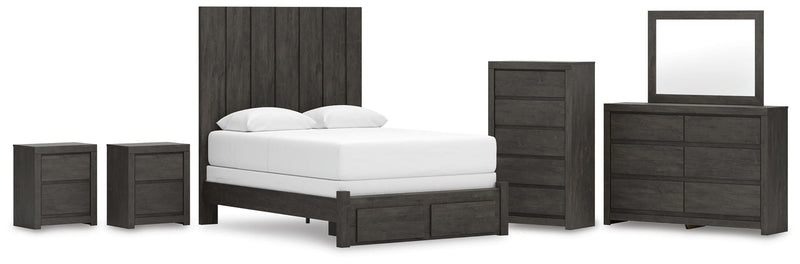Fraluna Queen Panel Storage Bed, Dresser, Mirror, Chest and 2 Nightstands in Charcoal - PKG021672