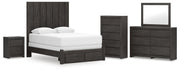 Fraluna Queen Panel Storage Bed, Dresser, Mirror, Chest and Nightstand in Charcoal - PKG021675