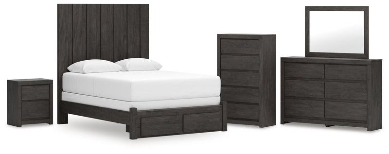 Fraluna Queen Panel Storage Bed, Dresser, Mirror, Chest and Nightstand in Charcoal - PKG021675