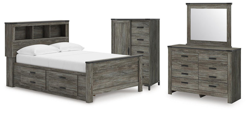 Frandern Full Bookcase Panel Bed with Storage, Dresser, Mirror and Chest - B4480B28