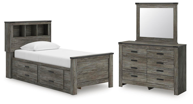 Frandern Twin Bookcase Bed with Storage, Dresser and Mirror - B4480B10