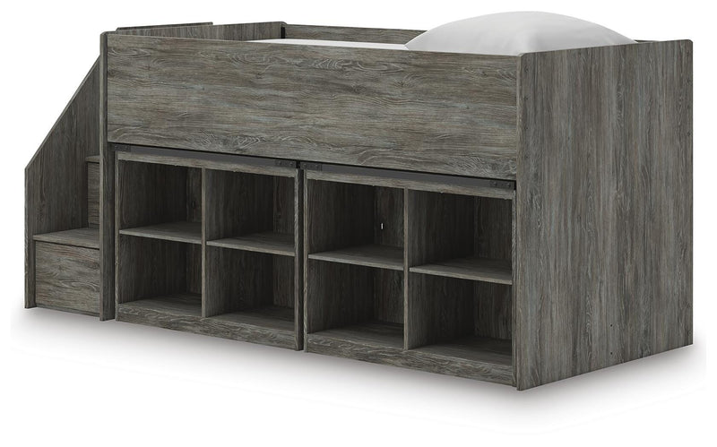 Frandern Warm Gray Twin Loft Bed with Bookcase Storage - B4480B25