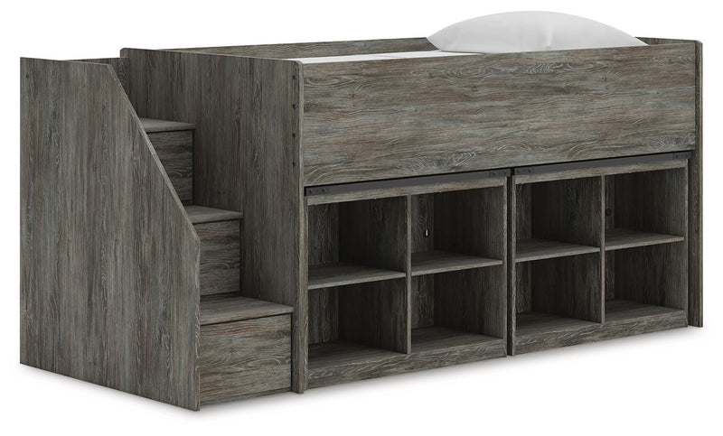 Frandern Warm Gray Twin Loft Bed with Bookcase Storage - B4480B25