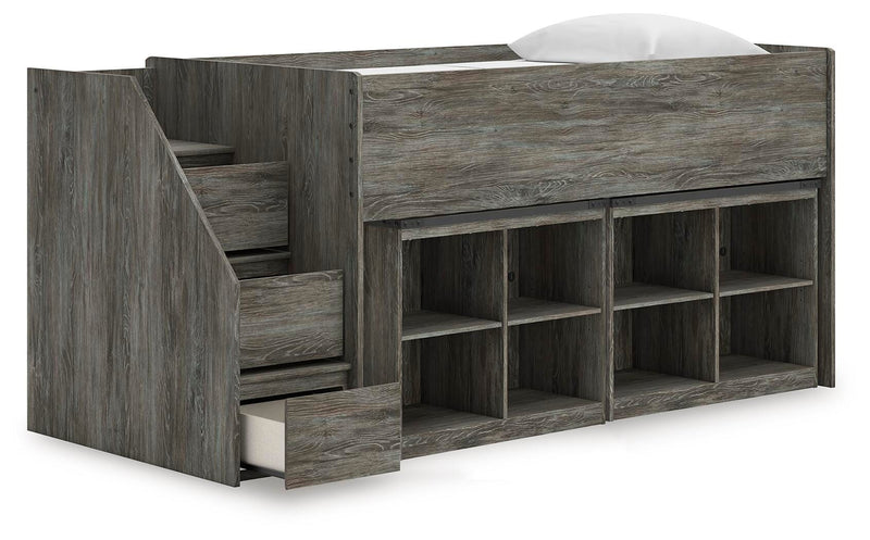 Frandern Warm Gray Twin Loft Bed with Bookcase Storage - B4480B25