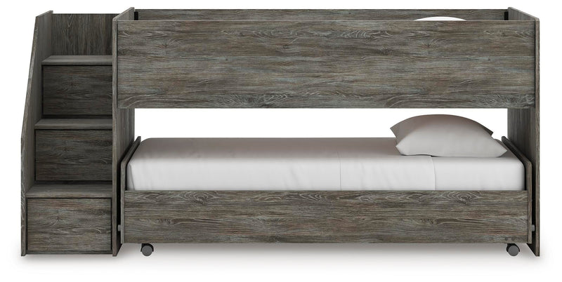 Frandern Warm Gray Twin Over Twin Loft Bed and Mattresses - B4480B27