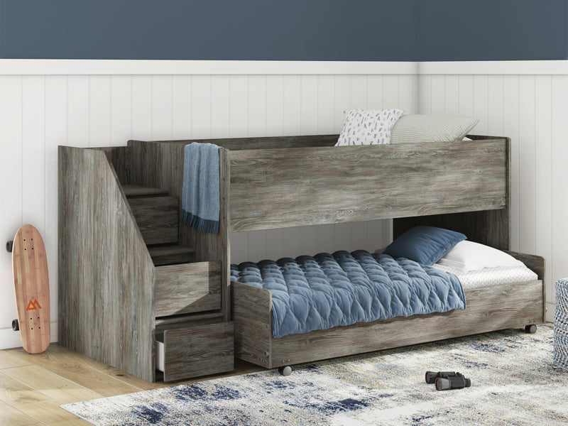 Frandern Warm Gray Twin Over Twin Loft Bed and Mattresses - B4480B27