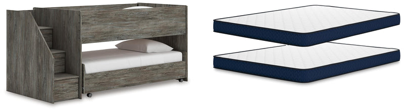 Frandern Warm Gray Twin Over Twin Loft Bed and Mattresses - B4480B27