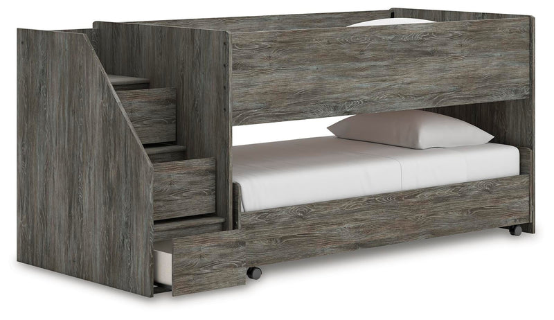 Frandern Warm Gray Twin Over Twin Loft Bed and Mattresses - B4480B27