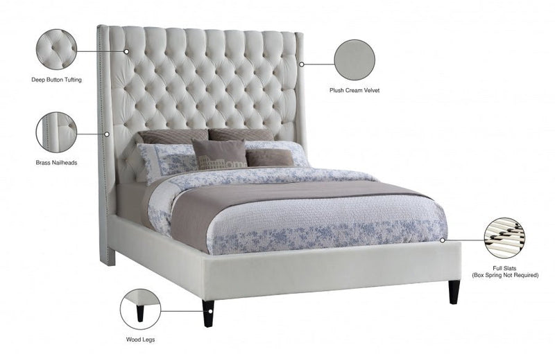 Fritz Velvet Queen Bed Cream - Gate FurnitureQueen Bed