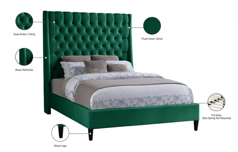 Fritz Velvet Queen Bed Green - Gate FurnitureQueen Bed