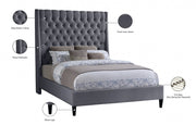 Fritz Velvet Queen Bed Grey - Gate FurnitureQueen Bed