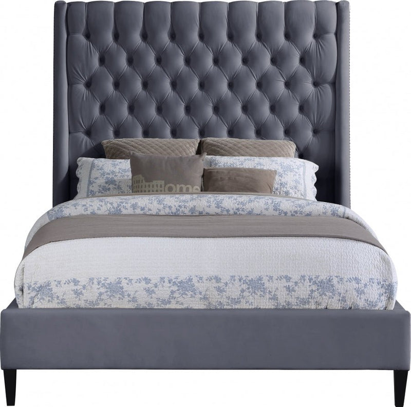 Fritz Velvet Queen Bed Grey - Gate FurnitureQueen Bed