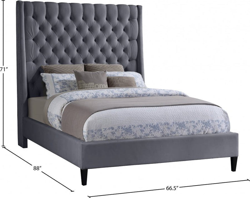 Fritz Velvet Queen Bed Grey - Gate FurnitureQueen Bed