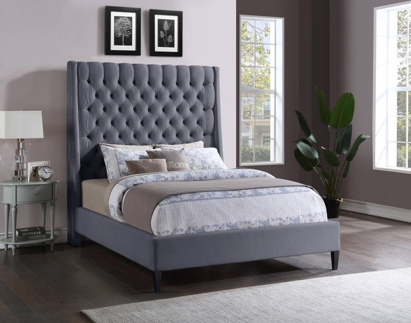 Fritz Velvet Queen Bed Grey - Gate FurnitureQueen Bed