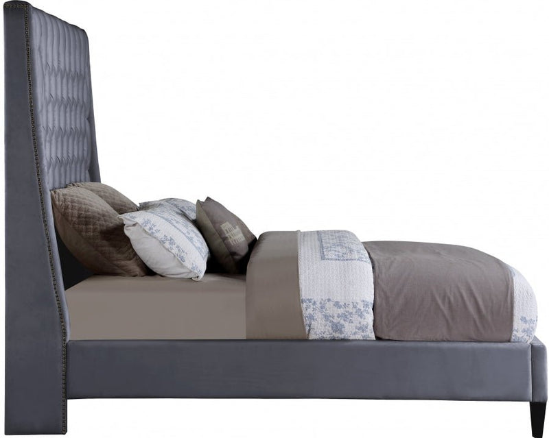 Fritz Velvet Queen Bed Grey - Gate FurnitureQueen Bed