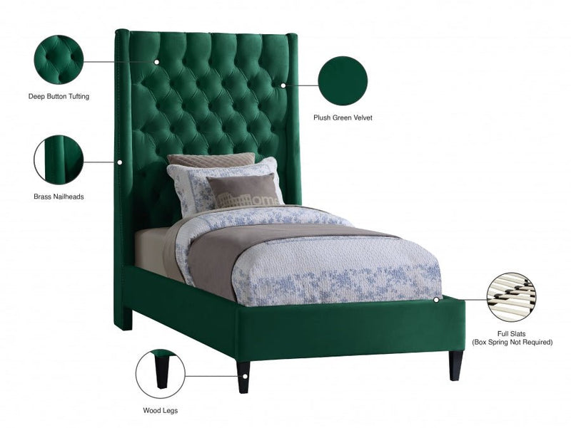 Fritz Velvet Twin Bed Green - Gate FurnitureTwin Bed