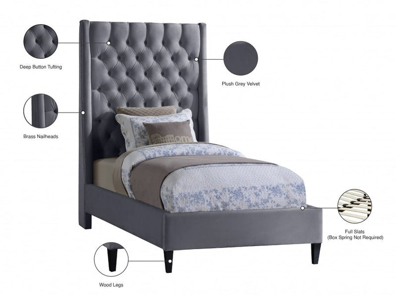 Fritz Velvet Twin Bed Grey - Gate FurnitureTwin Bed