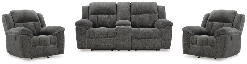 Frohn Graphite Reclining Loveseat with Console and 2 Recliners - 37406U5