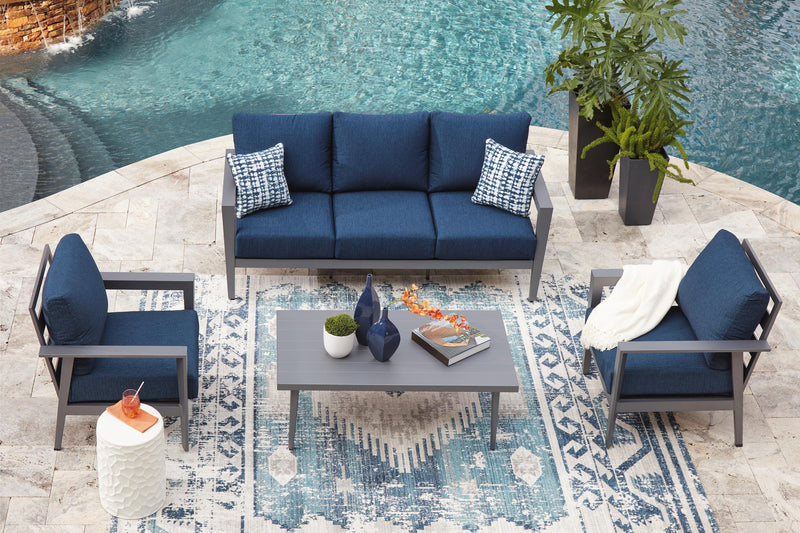 Gali Gray/Blue Outdoor Sofa/Chairs/Table Set (Set of 4) - P275-081