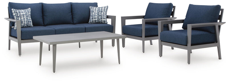 Gali Gray/Blue Outdoor Sofa/Chairs/Table Set (Set of 4) - P275-081