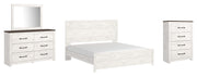 Gerridan King Panel Bed with Mirrored Dresser and Chest in White/Gray - PKG009373
