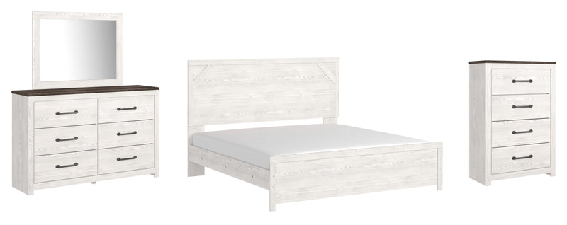 Gerridan King Panel Bed with Mirrored Dresser and Chest in White/Gray - PKG009373
