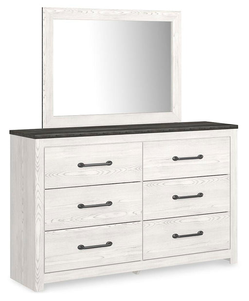 Gerridan King Panel Bed with Mirrored Dresser, Chest and 2 Nightstands in White/Gray - PKG009375