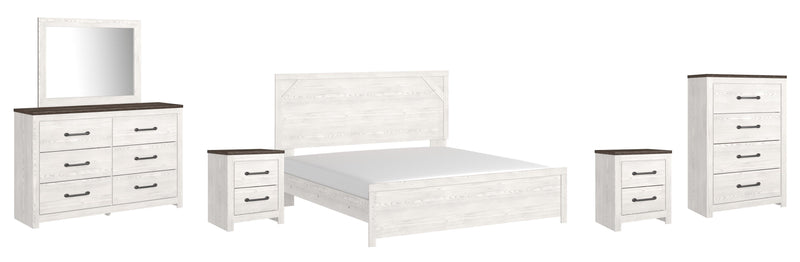 Gerridan King Panel Bed with Mirrored Dresser, Chest and 2 Nightstands in White/Gray - PKG009375