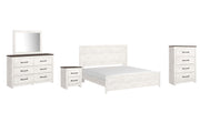 Gerridan King Panel Bed with Mirrored Dresser, Chest and Nightstand in White/Gray - PKG009374