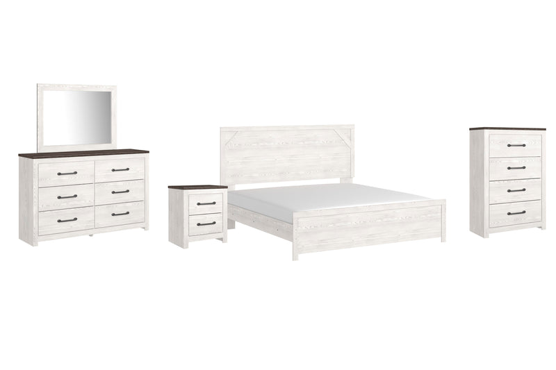 Gerridan King Panel Bed with Mirrored Dresser, Chest and Nightstand in White/Gray - PKG009374