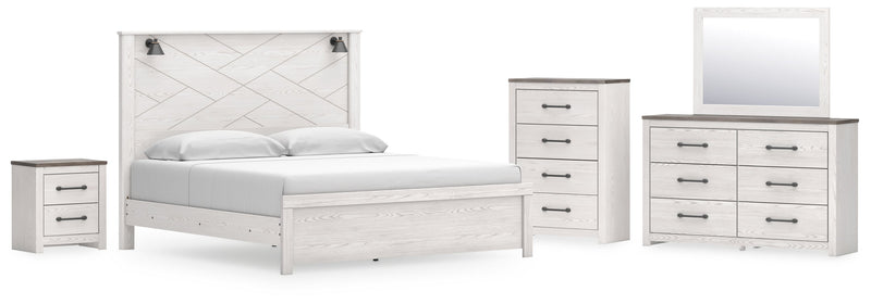 Gerridan King Panel Bed with Mirrored Dresser, Chest and Nightstand in White/Gray - PKG019128