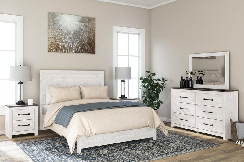Gerridan Queen Panel Bed with Mirrored Dresser and 2 Nightstands in White/Gray - PKG009366