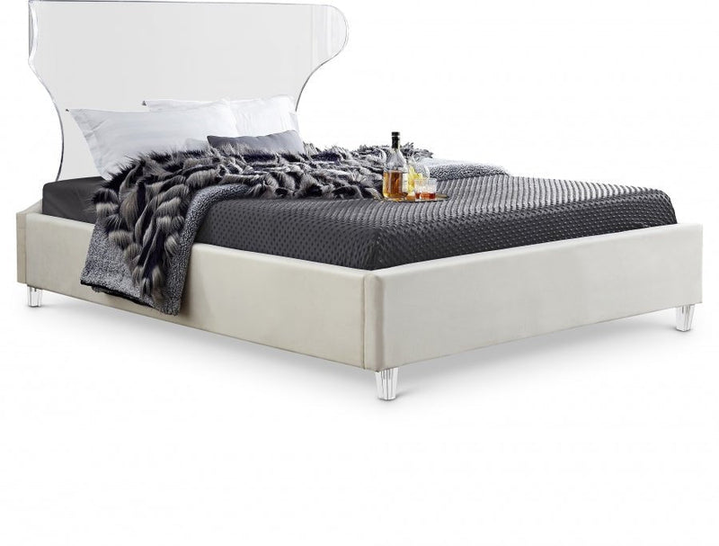 Ghost Velvet Queen Bed Cream - Gate FurnitureQueen Bed