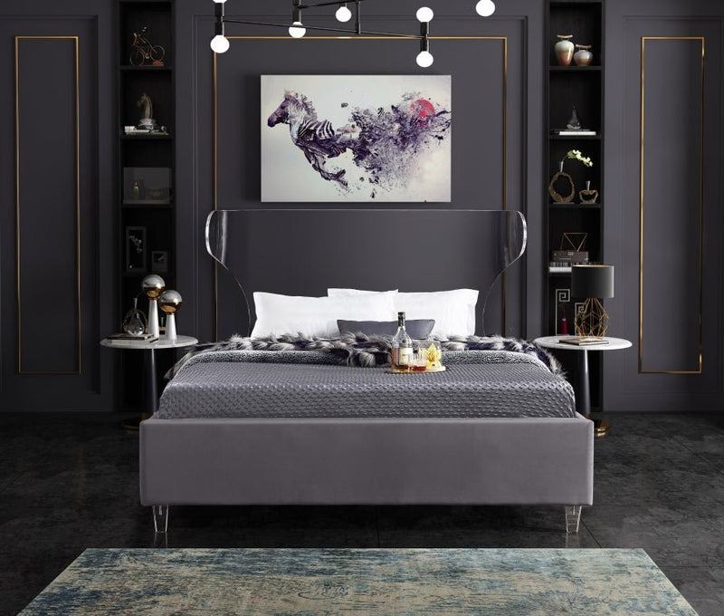 Ghost Velvet Queen Bed Grey - Gate FurnitureQueen Bed