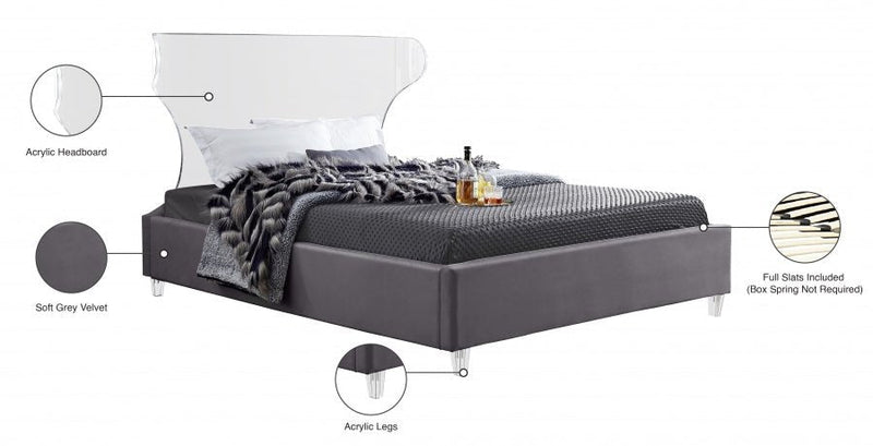 Ghost Velvet Queen Bed Grey - Gate FurnitureQueen Bed