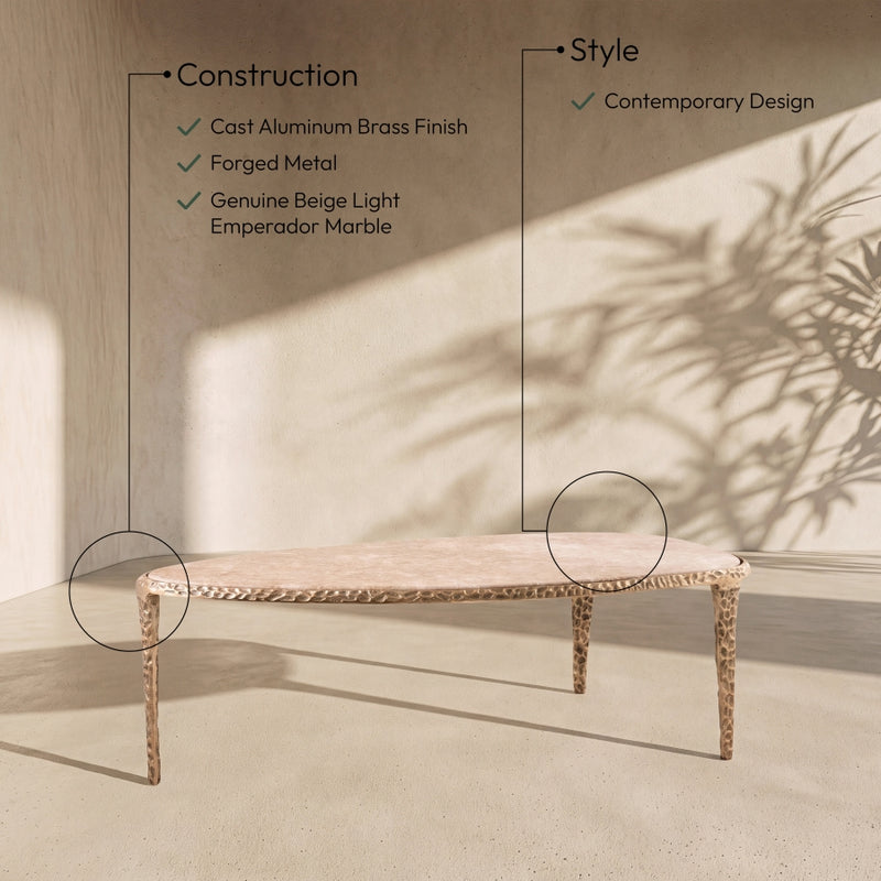 Gild Genuine Marble Top And Aluminum Base Coffee Table in Beige - 66015Beige-CT