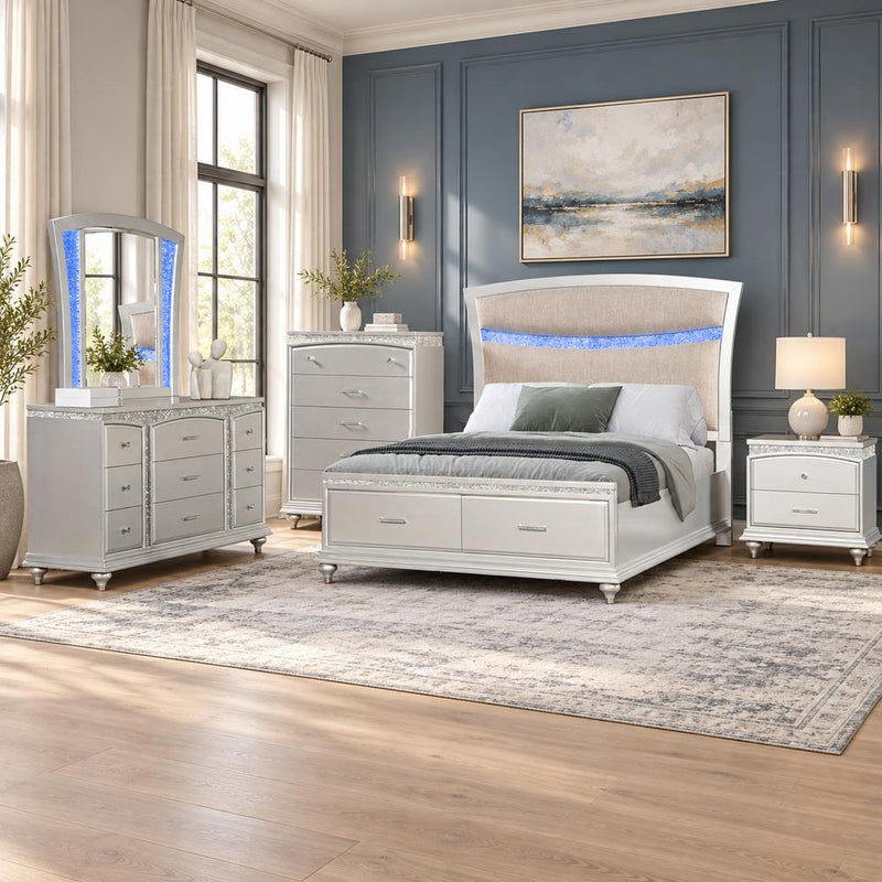 Glamis - Sillver King Bed, Dresser, Mirror, Nightstand - B268-KDMN