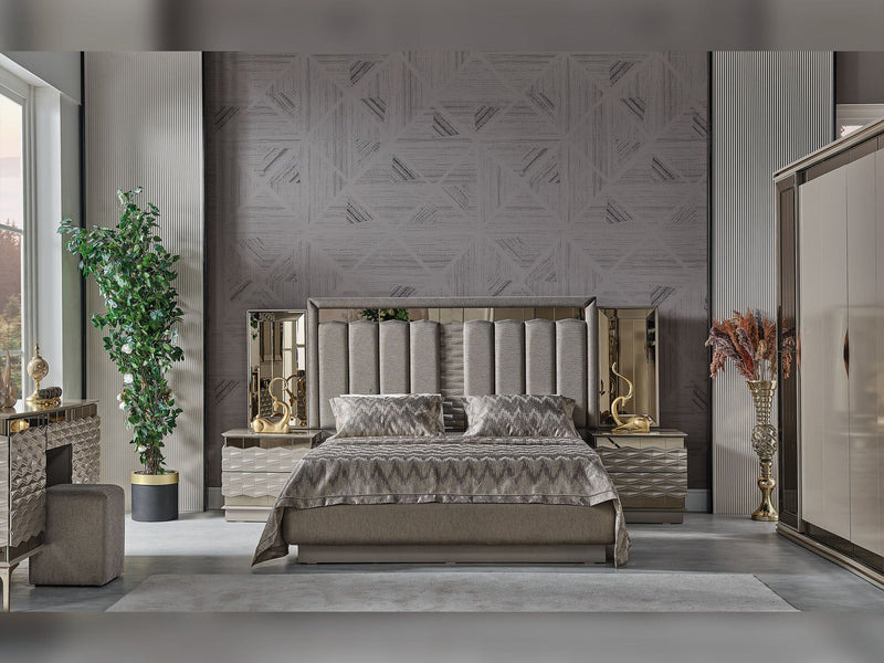 Gokce Bedroom (Queen Frame With Headboard & Dresser With Mirror & Ottoman & 2 Nightstand) - 120-GOK-SET