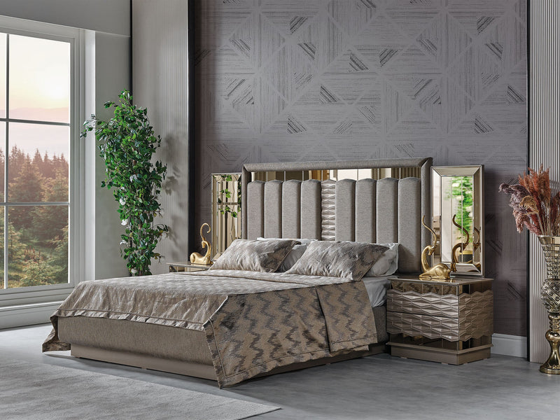 Gokce Bedroom (Queen Frame With Headboard & Dresser With Mirror & Ottoman & 2 Nightstand) - 120-GOK-SET