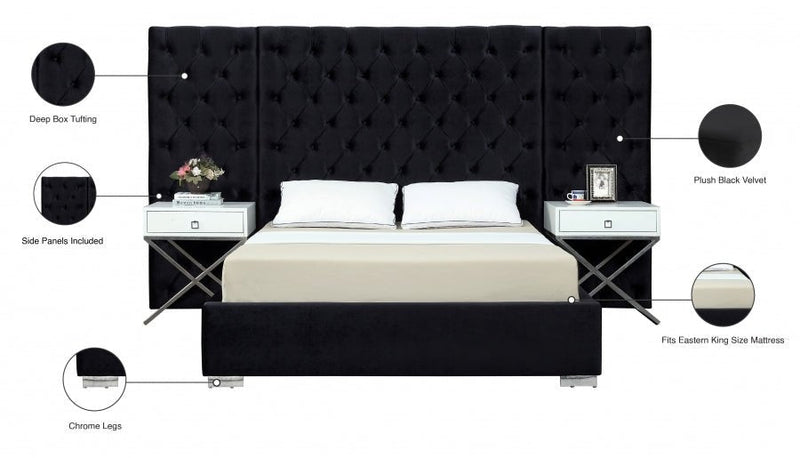 Grande Velvet King Bed (3 Boxes) Black - Gate FurnitureKing Bed