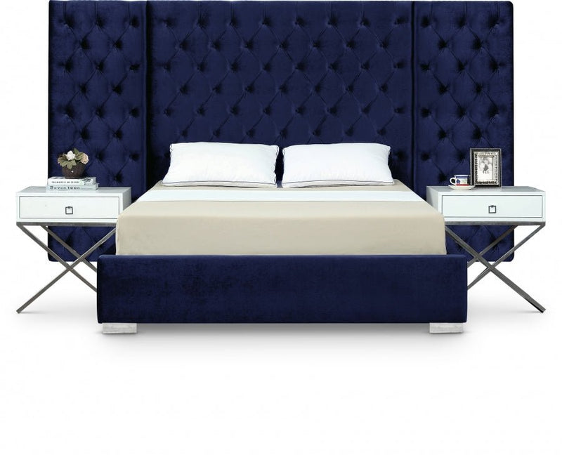 Grande Velvet King Bed (3 Boxes) Blue - Gate FurnitureKing Bed