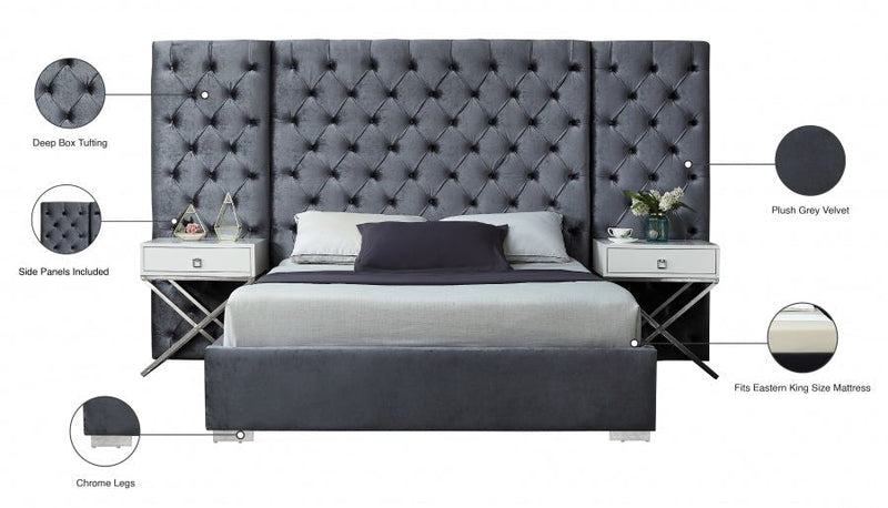 Grande Velvet King Bed (3 Boxes) Grey - Gate FurnitureKing Bed