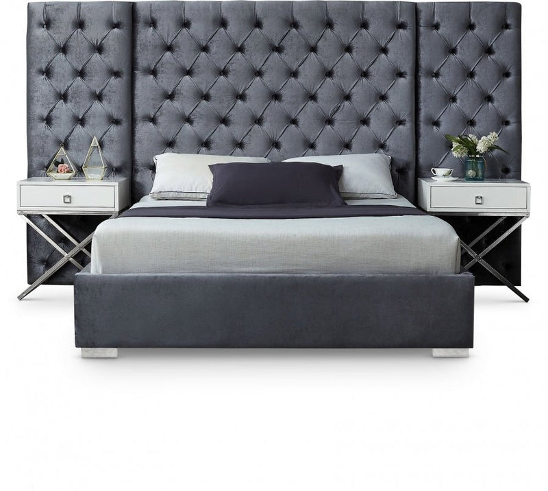 Grande Velvet King Bed (3 Boxes) Grey - Gate FurnitureKing Bed