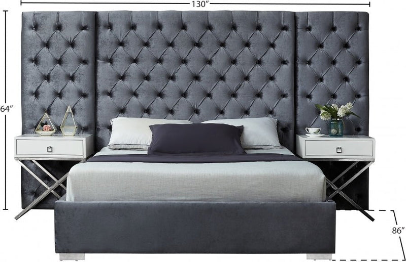 Grande Velvet King Bed (3 Boxes) Grey - Gate FurnitureKing Bed
