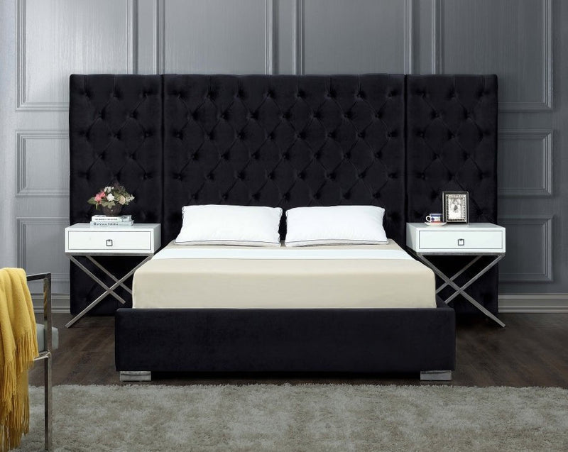 Grande Velvet Queen Bed (3 Boxes) Black - Gate FurnitureQueen Bed