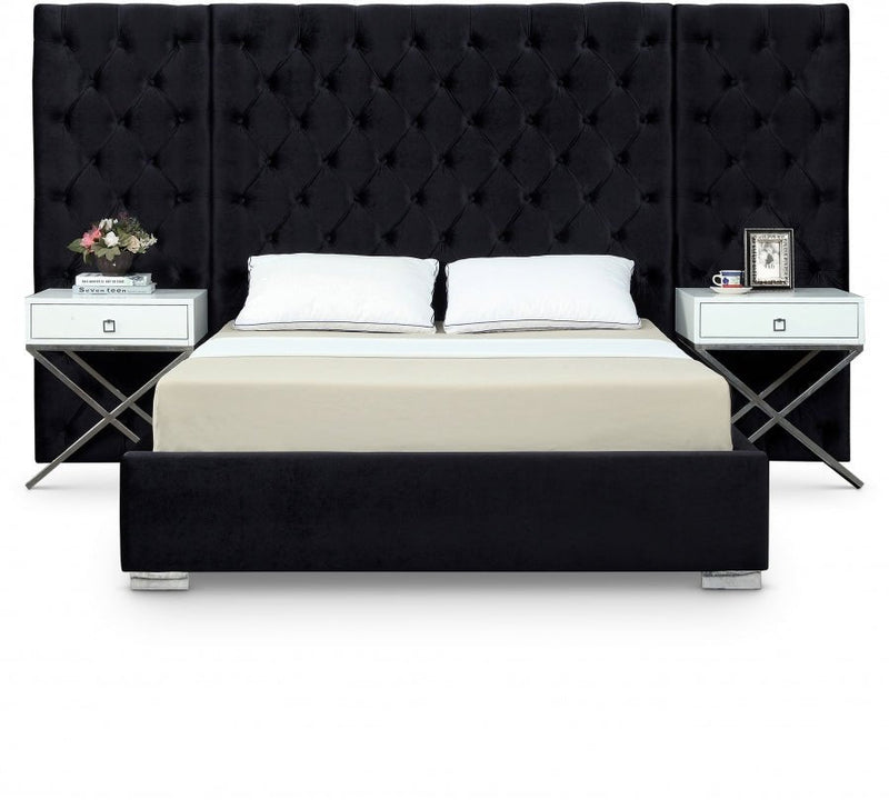 Grande Velvet Queen Bed (3 Boxes) Black - Gate FurnitureQueen Bed