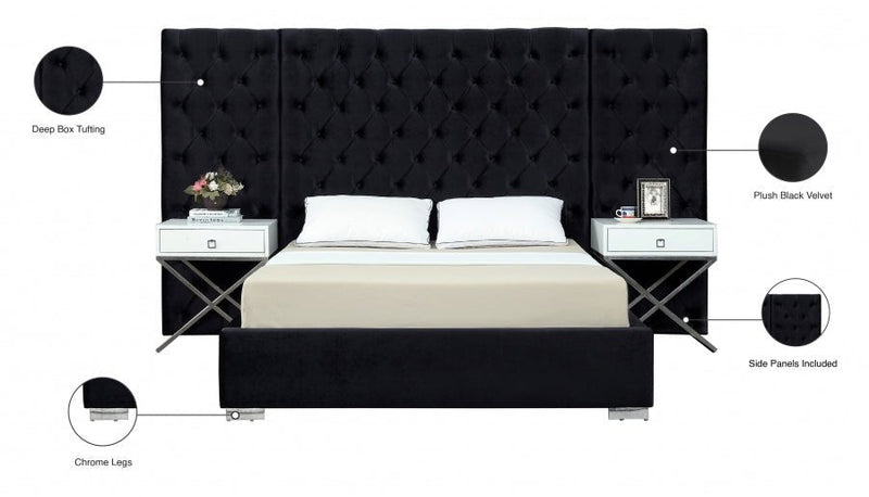 Grande Velvet Queen Bed (3 Boxes) Black - Gate FurnitureQueen Bed